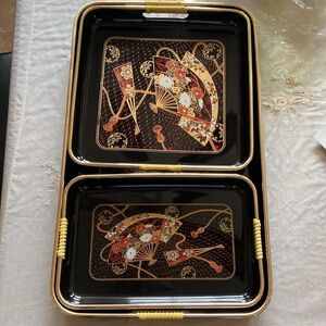 🪭VTG 3 nested Toyo Lacquer Ware Tray Orange & White Fans